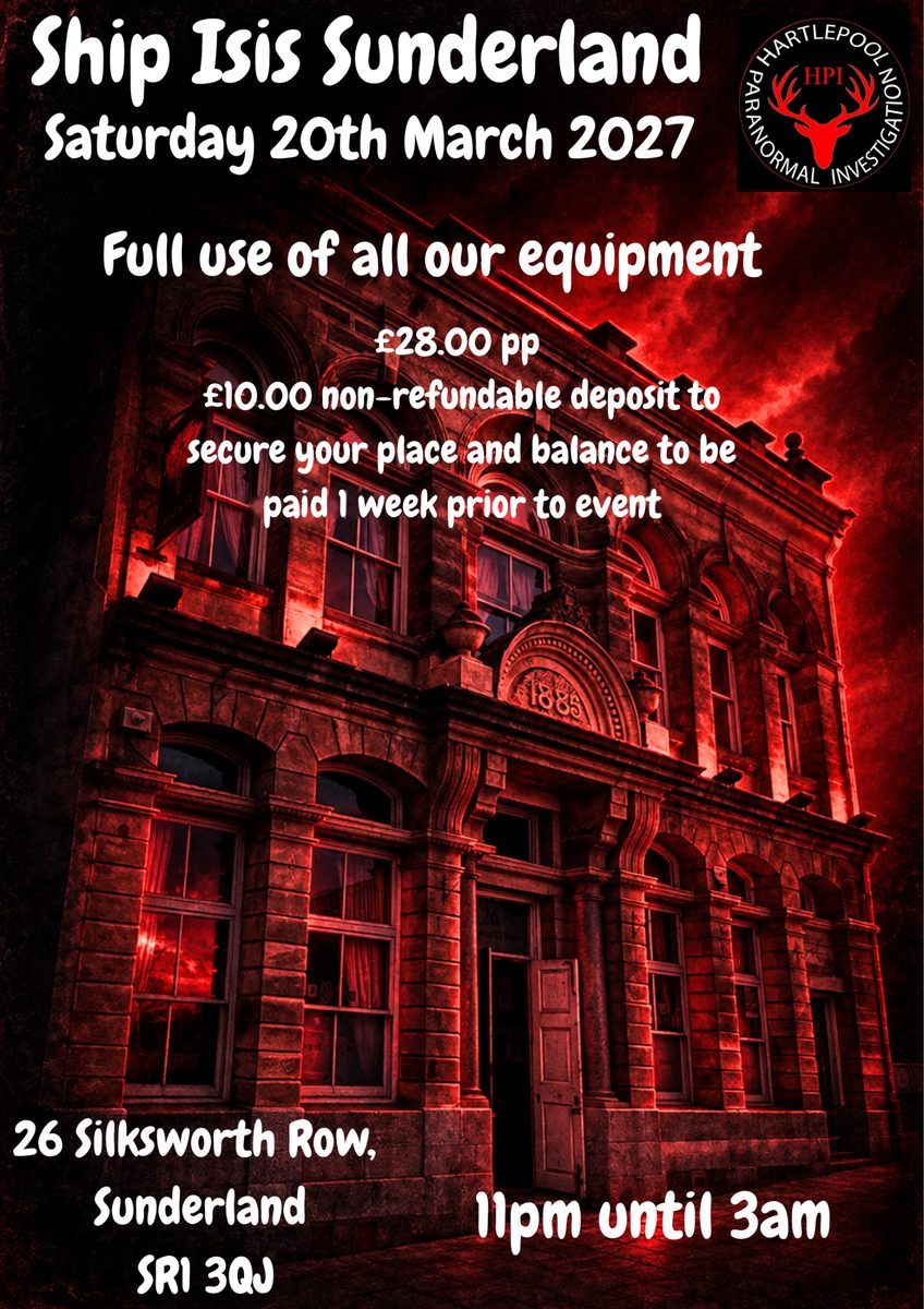 Ship Isis Sunderland poster: Saturday 20th March 2027, 11pm until 3am, 26 Silksworth Row, Sunderland SR1 3QJ. Full use of all our equipment. &pound;28.00 pp, &pound;10.00 non-refundable deposit to secure your place and balance to be paid 1 week prior to event.